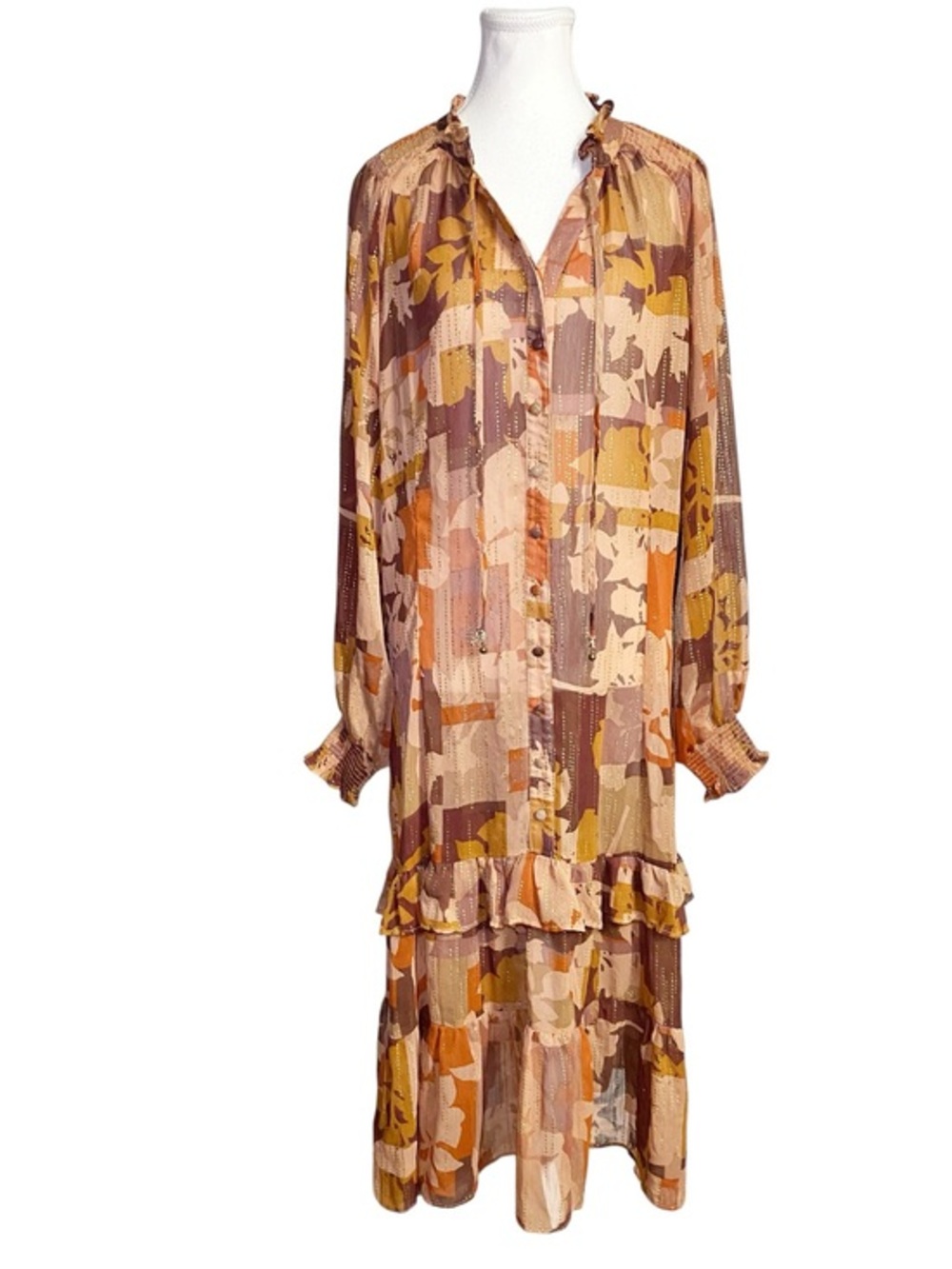 Fate Lydia Lurex Metallic Boho Chic Maximalist Ruffle Midi Dress Earthy Tones